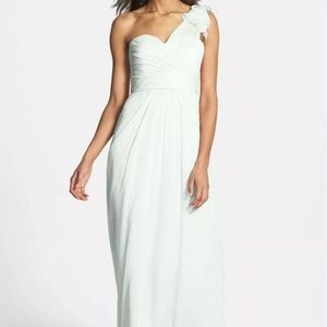 NWOT mint green Amsale Illusion Shoulder Dress